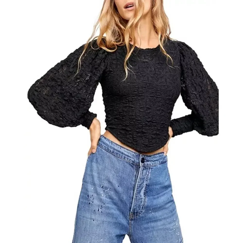 GUC Free People Black Textured Puff-Sleeve Blouse